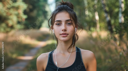 A fit woman in sportswear stands on a green path enjoying a break after a run, sunlight streaming through the treetops.