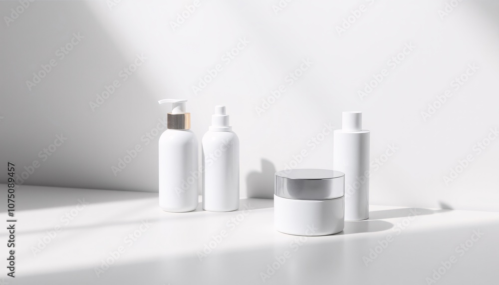 White Cosmetic Bottles and Jar on White Background with Sunlight White Cosmetic Bottles and Jar on White Background with Sunlight