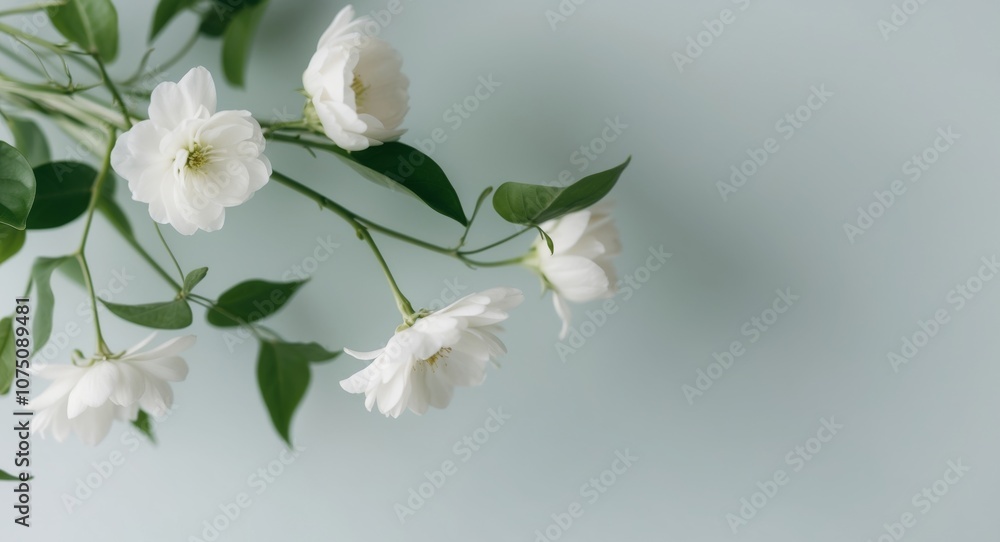White Flowers and Green Leaves Forming a Frame on a Light Blue Background. White Flowers and Green Leaves Forming a Frame on a Light Blue Background.