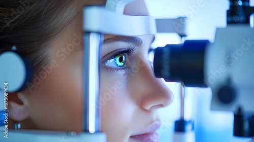 A young woman undergoing an eye examination using a slit lamp in a modern optometry clinic during daylight hours