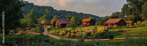 A tranquil late afternoon at the Ozark Folk Center surrounded by lush gardens and rustic cabins