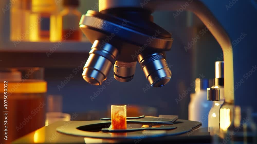 A microscope is on a table with a small object in a glass A microscope is on a table with a small object in a glass