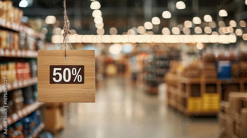 Obraz premium A vivid image of a store aisle with a prominent 50% discount sign hanging, surrounded by shelves stocked with various products.