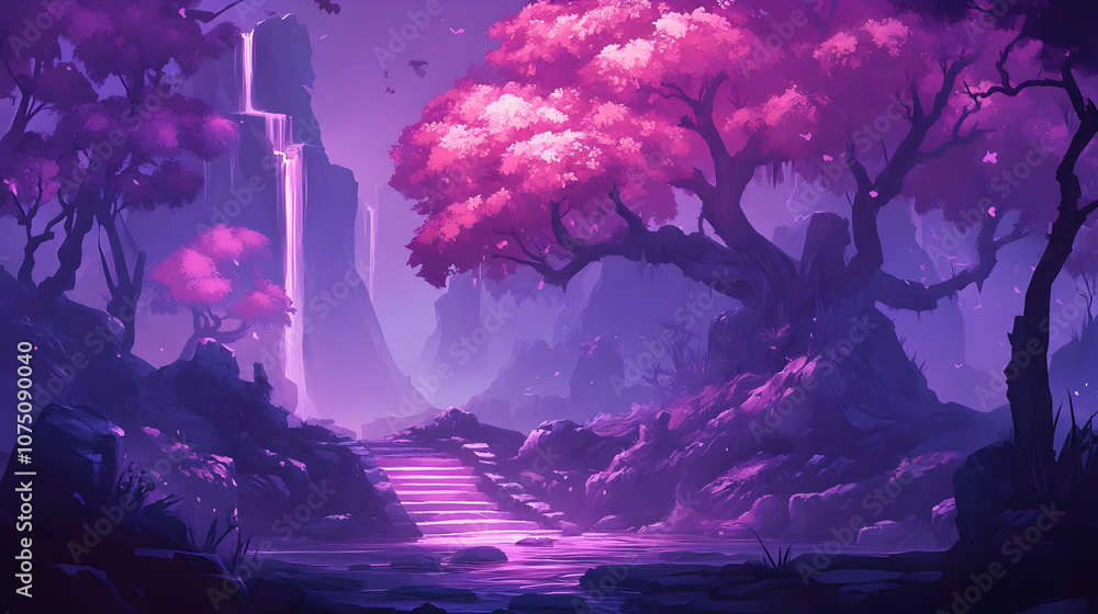 Fototapeta premium Illustration - Enchanting Purple Waterfall and Cherry Blossom Landscape