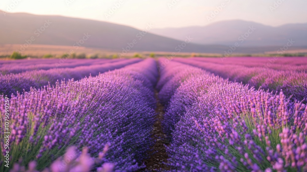 Obraz premium A peaceful lavender field in full bloom at sunset with rolling hills in the background