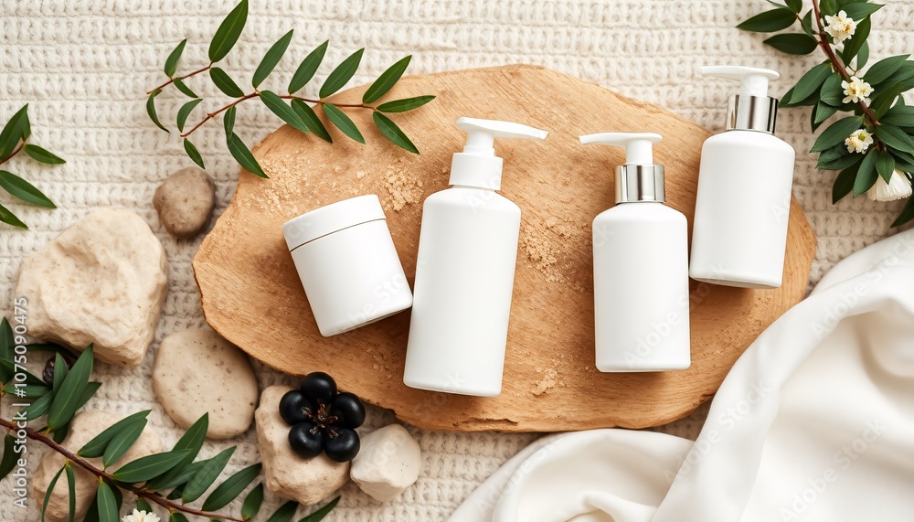 Natural Skincare Products Mockup on Wooden Tray with White Fabric and Green Greenery Natural Skincare Products Mockup on Wooden Tray with White Fabric and Green Greenery