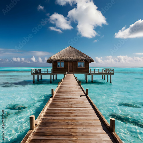 Arafed wooden pier leading to a hut on a tropical island,