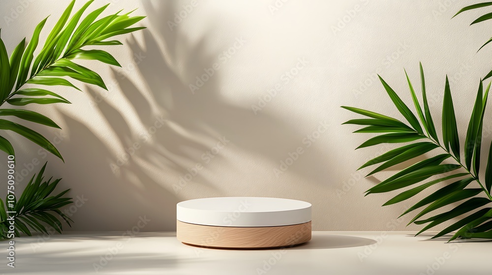 Minimalist Product Display with Palm Leaves and Sunlight. Minimalist Product Display with Palm Leaves and Sunlight.
