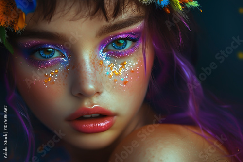 Girl with glitter makeup on her face.