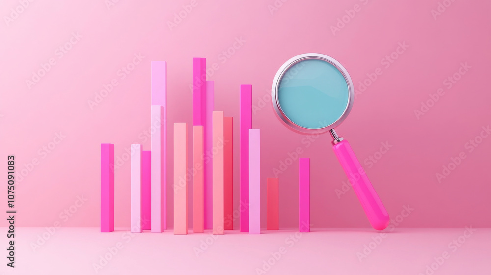 Market Analysis with Magnifying Glass Revealing Detailed Financial Insights in 3D Market Analysis with Magnifying Glass Revealing Detailed Financial Insights in 3D