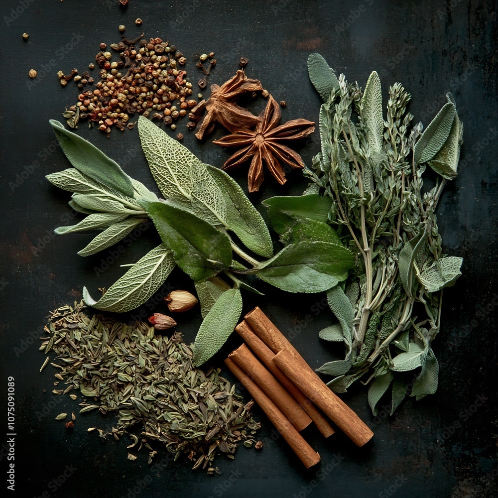 Fotografie Assorted Herbs and Spices for Cooking on Dark Background