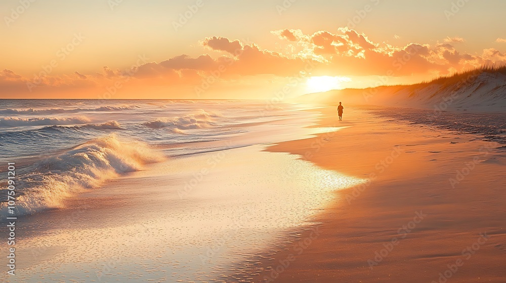 Obraz premium Person strolling along a serene beach at sunset