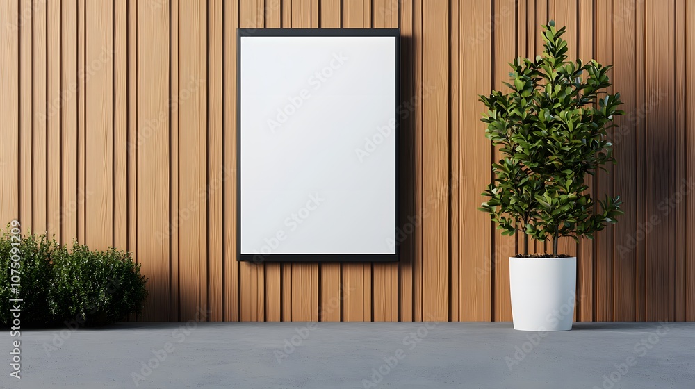 Blank Billboard Mockup on Wooden Wall with Green Plants. Blank Billboard Mockup on Wooden Wall with Green Plants.