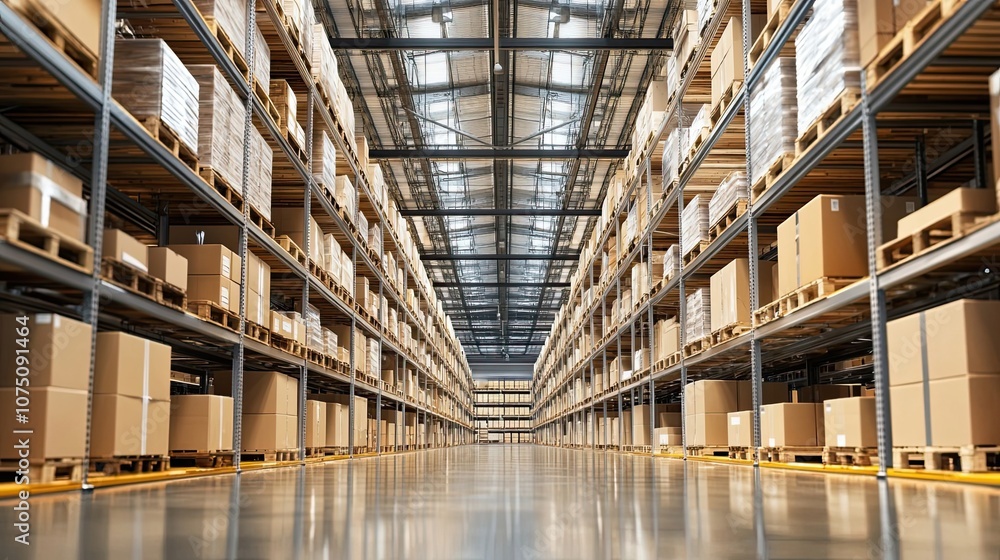 A Long Perspective of a Warehouse Full of Cardboard Boxes on Shelving A Long Perspective of a Warehouse Full of Cardboard Boxes on Shelving