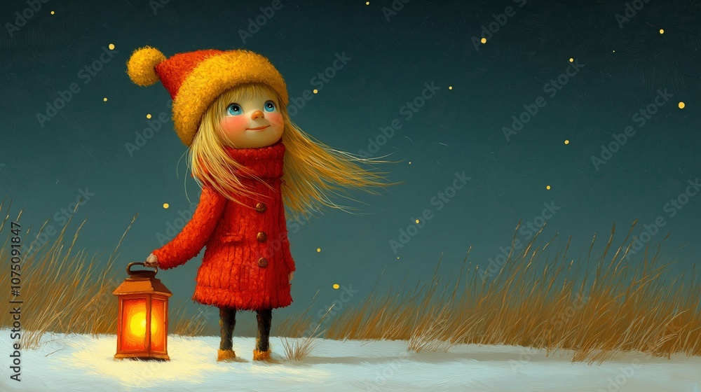 A cute girl in red winter clothes with a flashlight, against the background of a winter night forest. Kids book illustration A cute girl in red winter clothes with a flashlight, against the background of a winter night forest. Kids book illustration