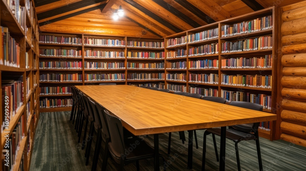 Cozy interior of a wooden library with bookshelves and a table. Cozy interior of a wooden library with bookshelves and a table.