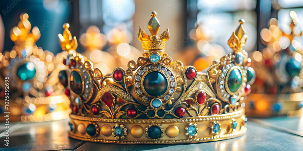 Fototapeta premium Close Up Reyes Magos Traditional Crowns Detailed Intricate Festive Embellishments for Photo Stock Concept Perfect for Magazine Advertisements Banners Copy Space for Text