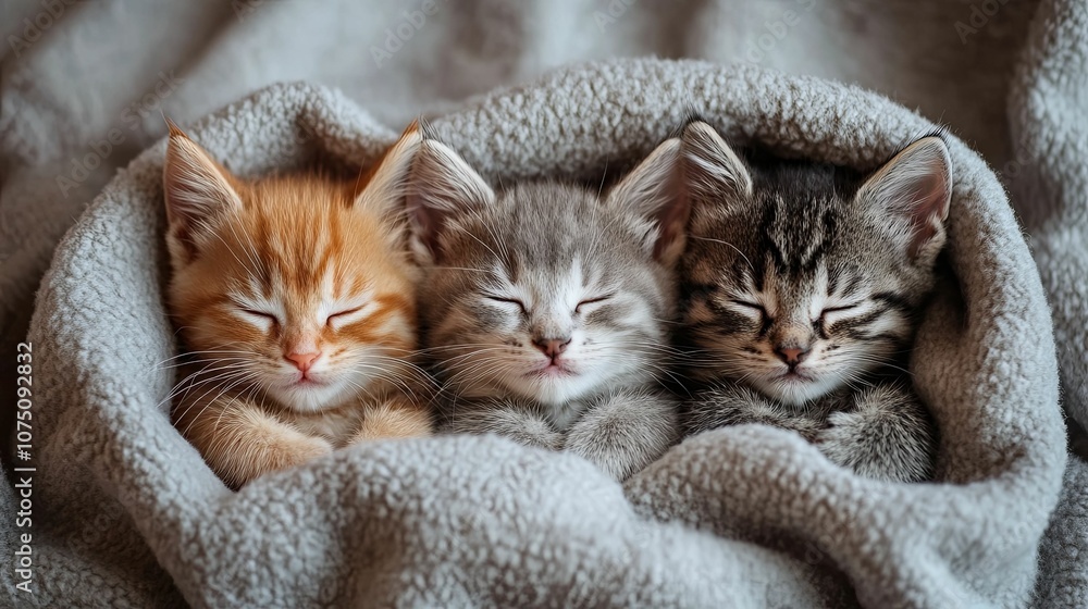 Three Kittens Huddled Together Sleeping Under a Blanket