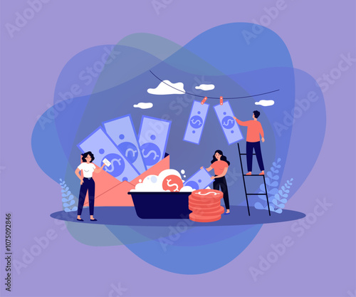 Tiny criminals laundering money and getting bribe in envelope isolated flat vector illustration. Government employees doing fraud activity. Corruption and finance economical crime concept