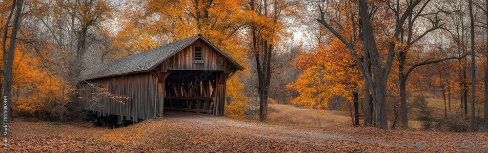 A charming autumn view of a historic covered bridge surrounded by vibrant fall foliage in a serene landscape A charming autumn view of a historic covered bridge surrounded by vibrant fall foliage in a serene landscape