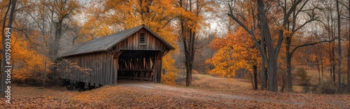 A charming autumn view of a historic covered bridge surrounded by vibrant fall foliage in a serene landscape