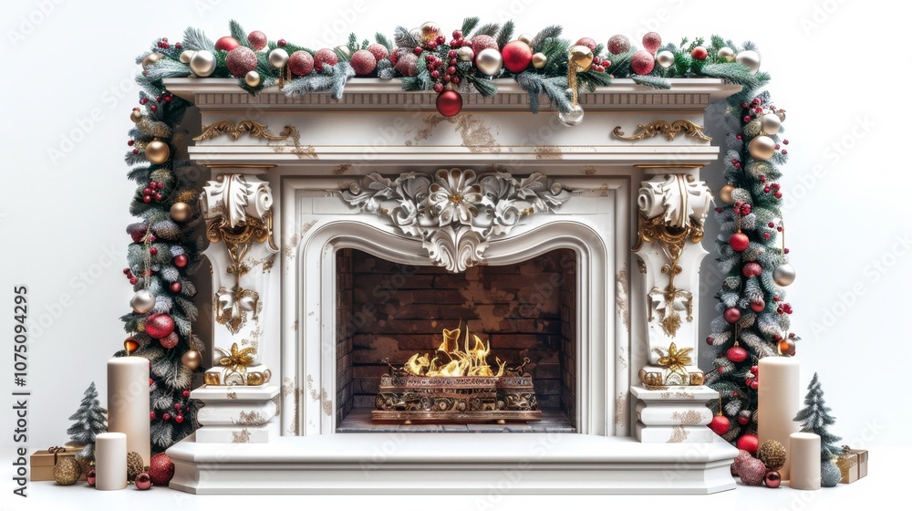 A cozy Christmas fireplace with a decorated mantle, isolated on white background A cozy Christmas fireplace with a decorated mantle, isolated on white background