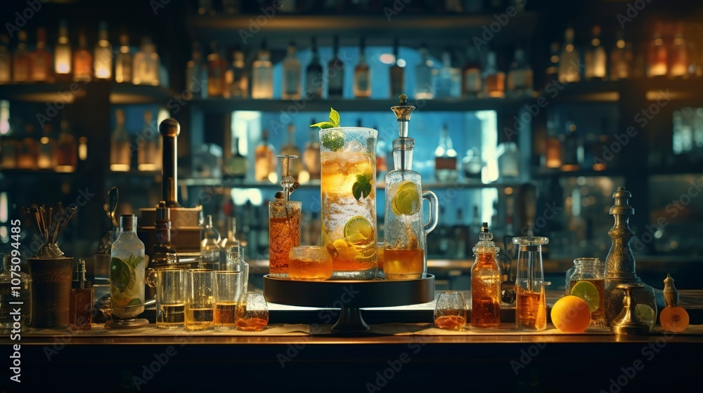 A photo of a hip cocktail bar with creative mixology. A photo of a hip cocktail bar with creative mixology.