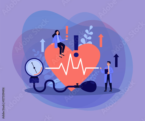 Tiny doctors examining heart health flat vector illustration. Cartoon medical specialists doing checkup of blood pressure, pulse rate and cholesterol. Cardiovascular disease and cardiology concept