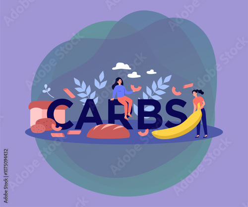 Tiny people eating carbs to gain weight with wheat snacks flat vector illustration. Cartoon women fasting and going on delicious diet. Unhealthy food and nutrition concept