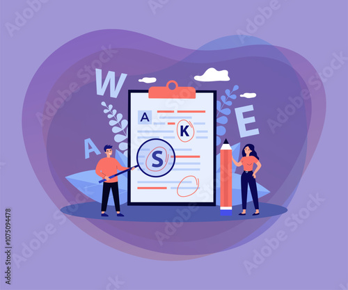 Tiny people proofreading text flat vector illustration. Cartoon students checking grammar errors in work for college. Education and punctuation concept