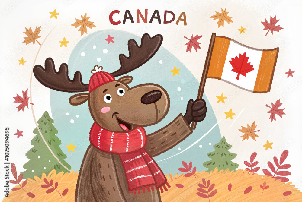 Naklejka premium Happy moose with Canadian flag illustration for Canada Day 