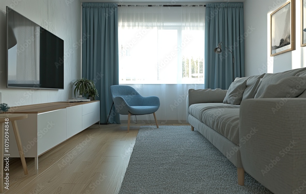 Fototapeta premium A small apartment with a Scandinavian minimalist aesthetic, featuring a gray and blue color scheme
