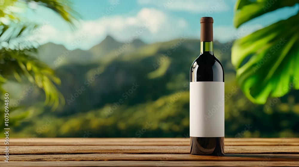 Fototapeta premium Wine Bottle on Wooden Table with Tropical Background.