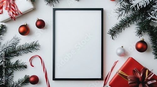 A festive arrangement featuring a blank frame, ornaments, candy canes, and gift boxes.