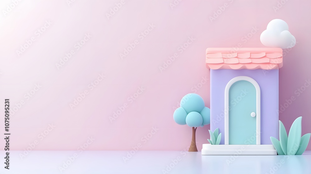 Cute cartoon house with pink roof and a green door. Cute cartoon house with pink roof and a green door.