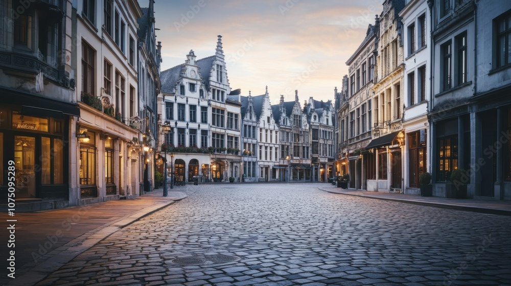 Obraz premium A tranquil evening in a historic city square showcasing charming architecture and cobblestone streets