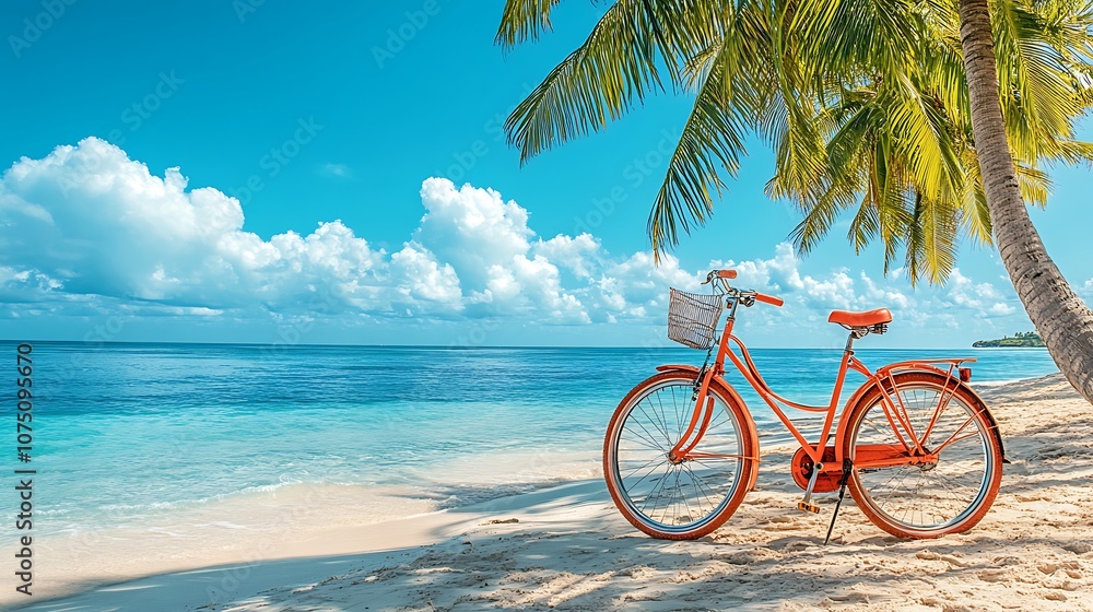 Fototapeta premium Explore the beachside bliss with a bright orange bicycle