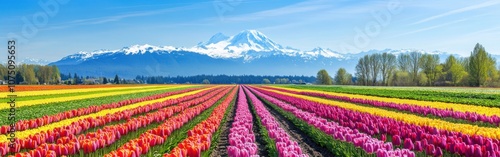 A vibrant field of tulips in full bloom under clear blue skies with snow-capped mountains in the background during springtime