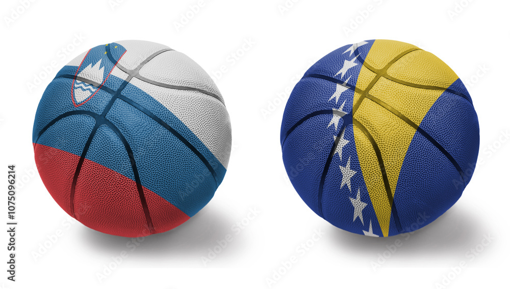 basketball balls with the national flags of bosnia and herzegovina and slovenia on the white background. basketball balls with the national flags of bosnia and herzegovina and slovenia on the white background.