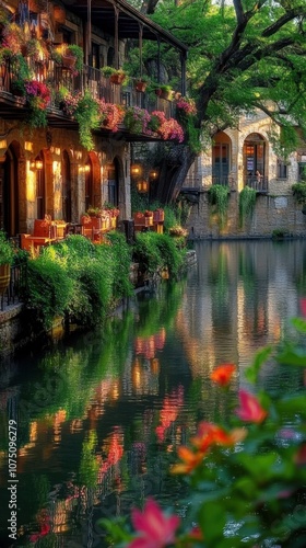 A tranquil evening along the scenic River Walk in San Antonio showcasing vibrant flowers and charming outdoor dining