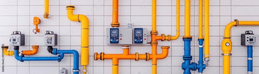 Colorful industrial pipes and valves arranged on a wall.