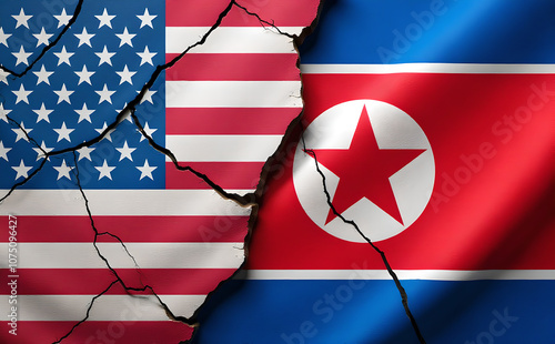 Flags of United States and North Korea on cracked background, conflict or war symbol photo