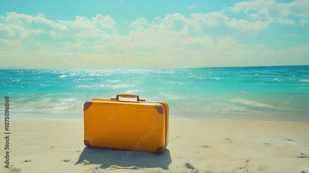 Explore stunning beach views with a vibrant yellow suitcase Explore stunning beach views with a vibrant yellow suitcase