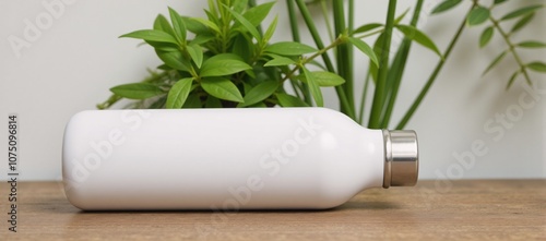 Stainless-steel water bottle on wood with potted plant nearby photo