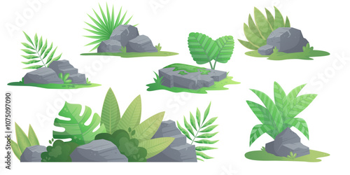 Tropical plants growing on rocks in lush green foliage