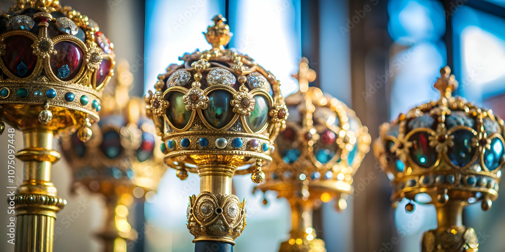 Fototapeta premium Detailed Close Up Reyes Magos Ceremonial Scepters Ornate Designs Symbolic Significance Ideal for Magazine Advertisements Banners Space for Text Photo Stock Concept