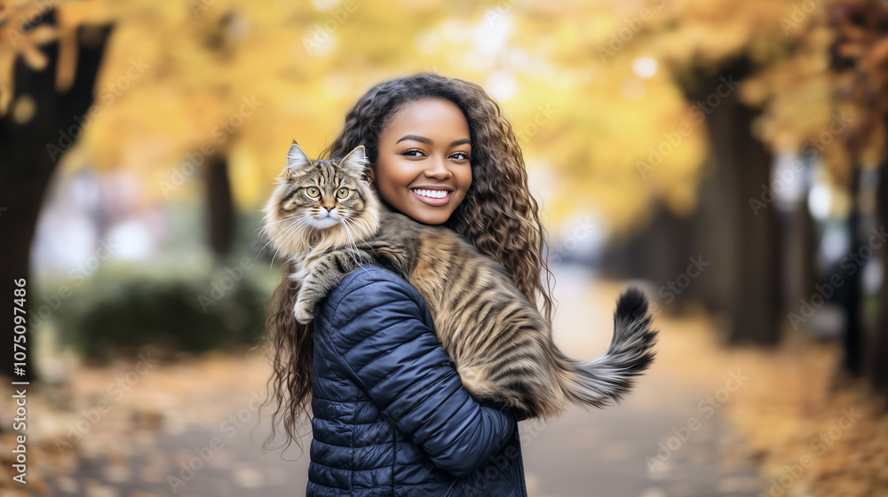 Happy Black woman with gorgeous makeup cradling her fluffy cat in a park bathed in rich fall colors, enjoying a sunny and refreshing autumn day Happy Black woman with gorgeous makeup cradling her fluffy cat in a park bathed in rich fall colors, enjoying a sunny and refreshing autumn day
