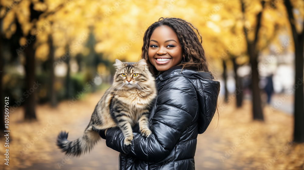 Radiant Black woman with perfect makeup holding her furry cat in an autumn park full of vibrant colors, enjoying a warm, cheerful autumn day Radiant Black woman with perfect makeup holding her furry cat in an autumn park full of vibrant colors, enjoying a warm, cheerful autumn day