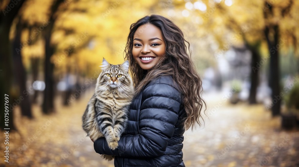 Beautiful Black woman with impeccable makeup and a joyful smile holding her fluffy cat in a sunlit autumn park on a crisp fall day Beautiful Black woman with impeccable makeup and a joyful smile holding her fluffy cat in a sunlit autumn park on a crisp fall day