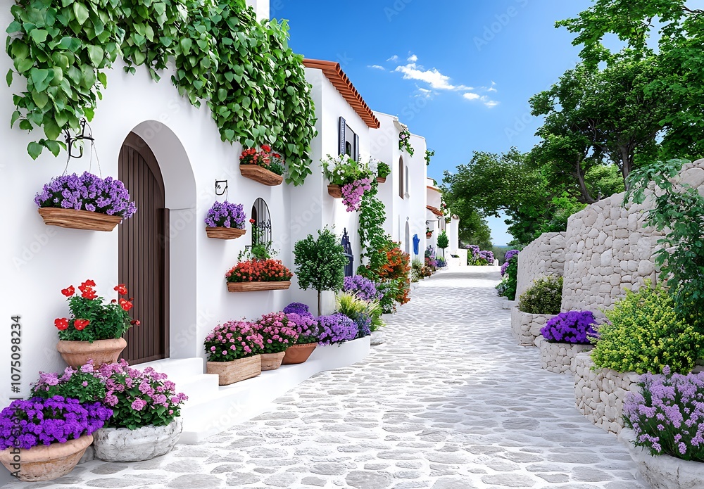 Fototapeta premium Mediterranean Village Street With Whitewashed Walls